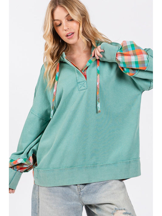 NicholesGifts Women Sage + Fig Full Size Plaid Print Washed Hoodie NicholesGifts