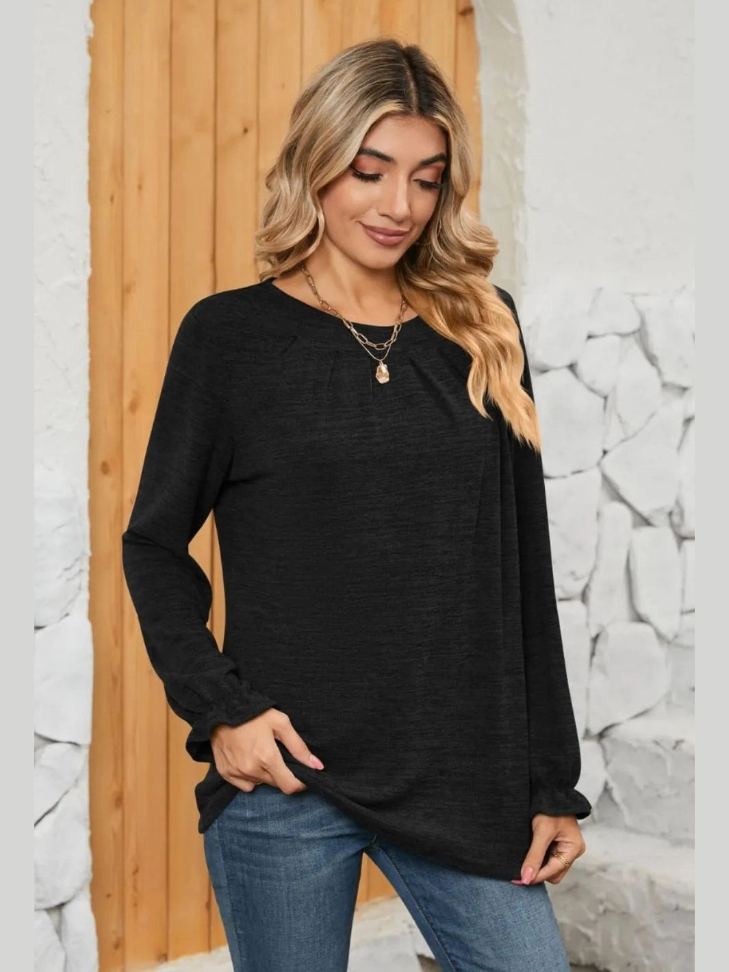 Ruched Round Neck Flounce Sleeve T-Shirt NicholesGifts