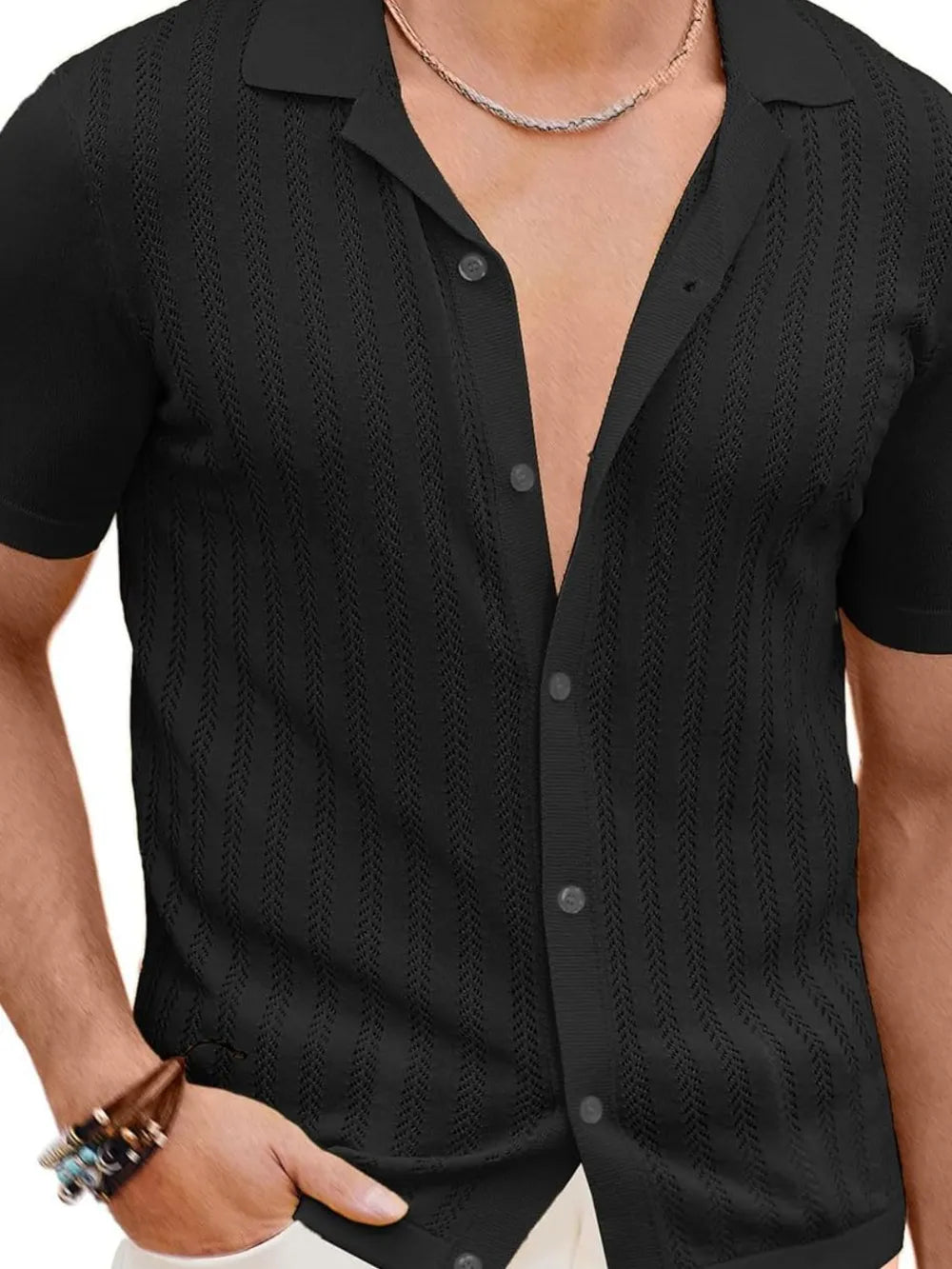 Men's Full Size Openwork Button Down Short Sleeve Shirt Plus Size NicholesGifts