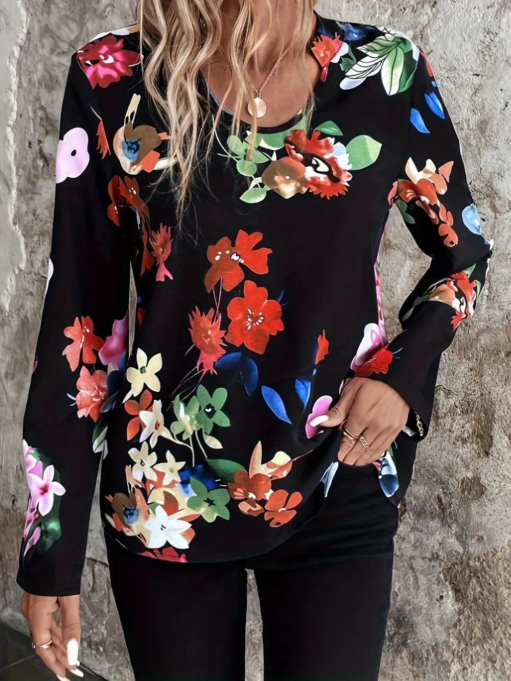 Printed Notched Long Sleeve Blouse NicholesGifts