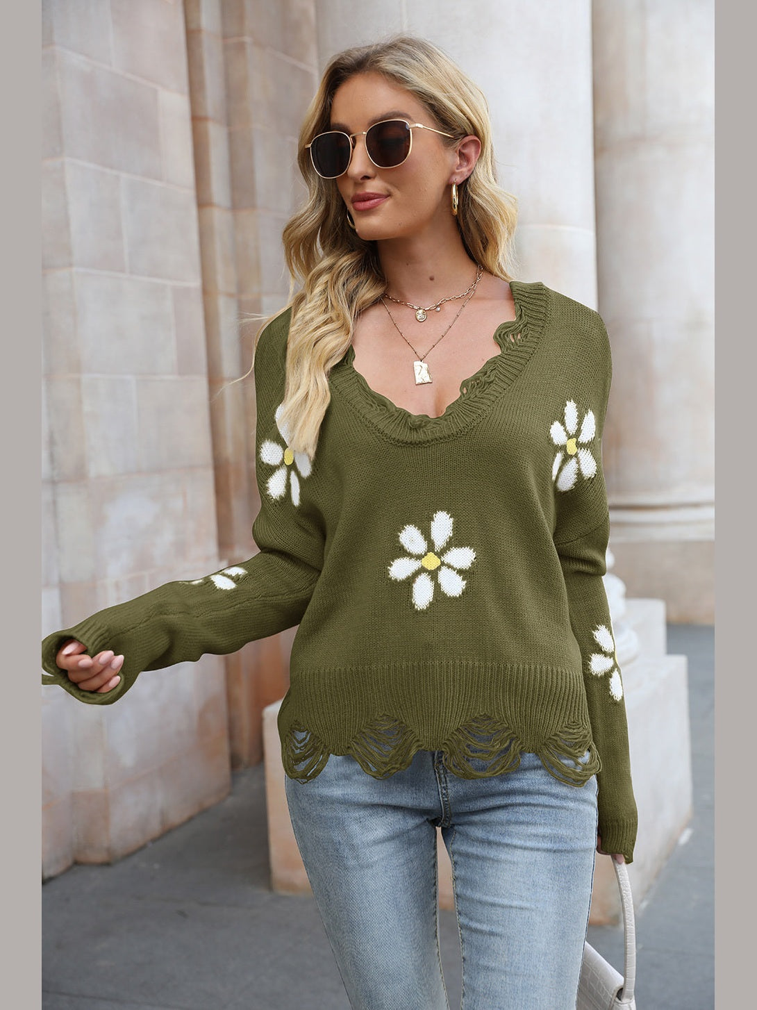 Flower Distressed Long Sleeve Sweater Trendsi