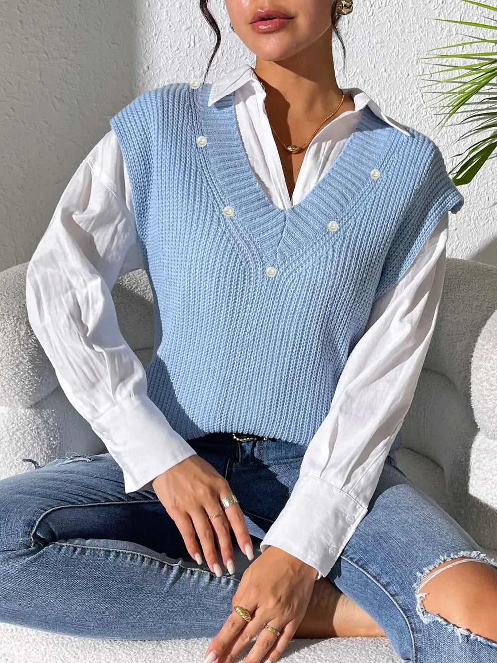 Pearl Trim V-Neck Sweater Vest nicholesgifts