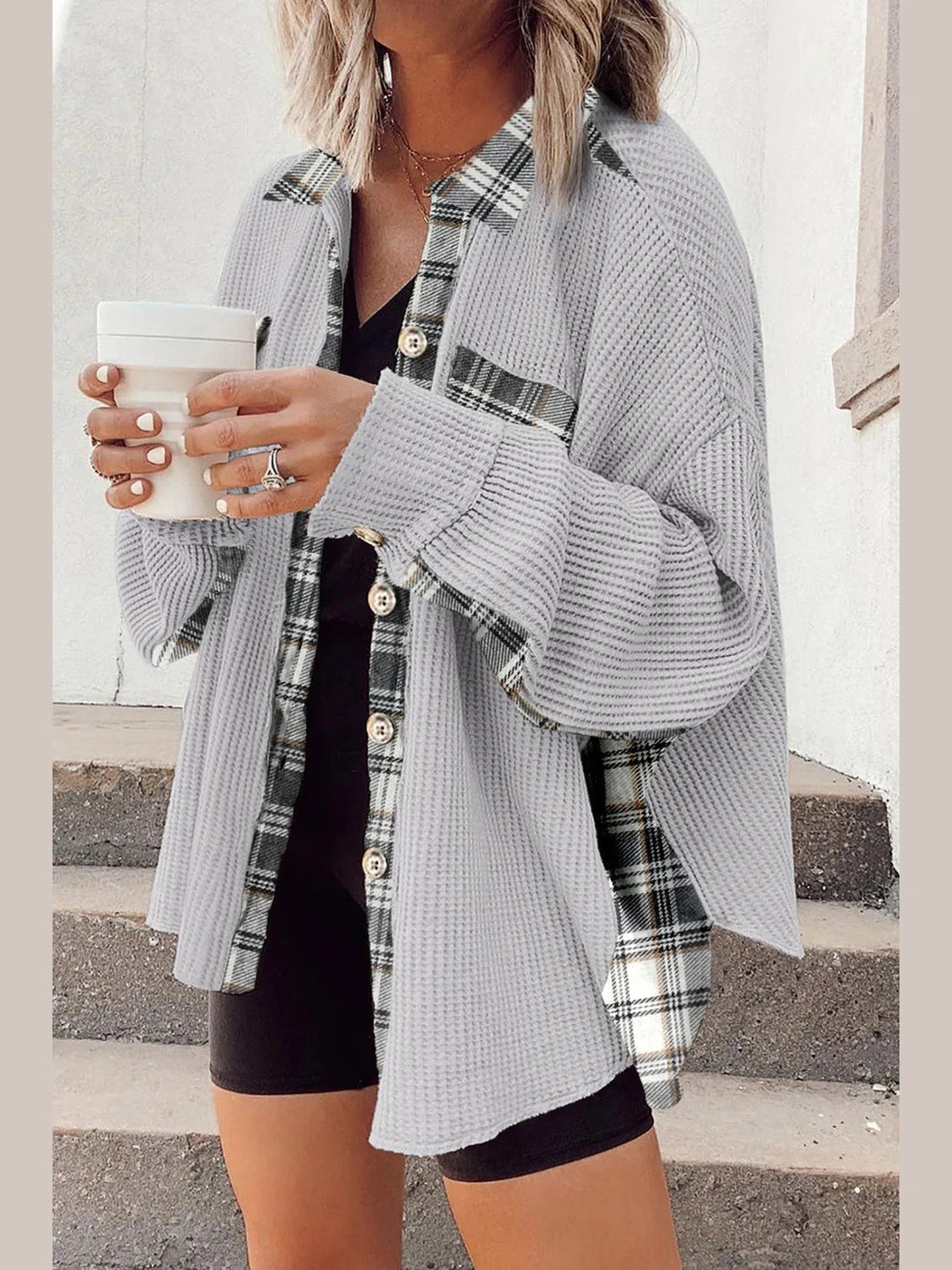 Plaid Button Down Collared Jacket nicholesgifts