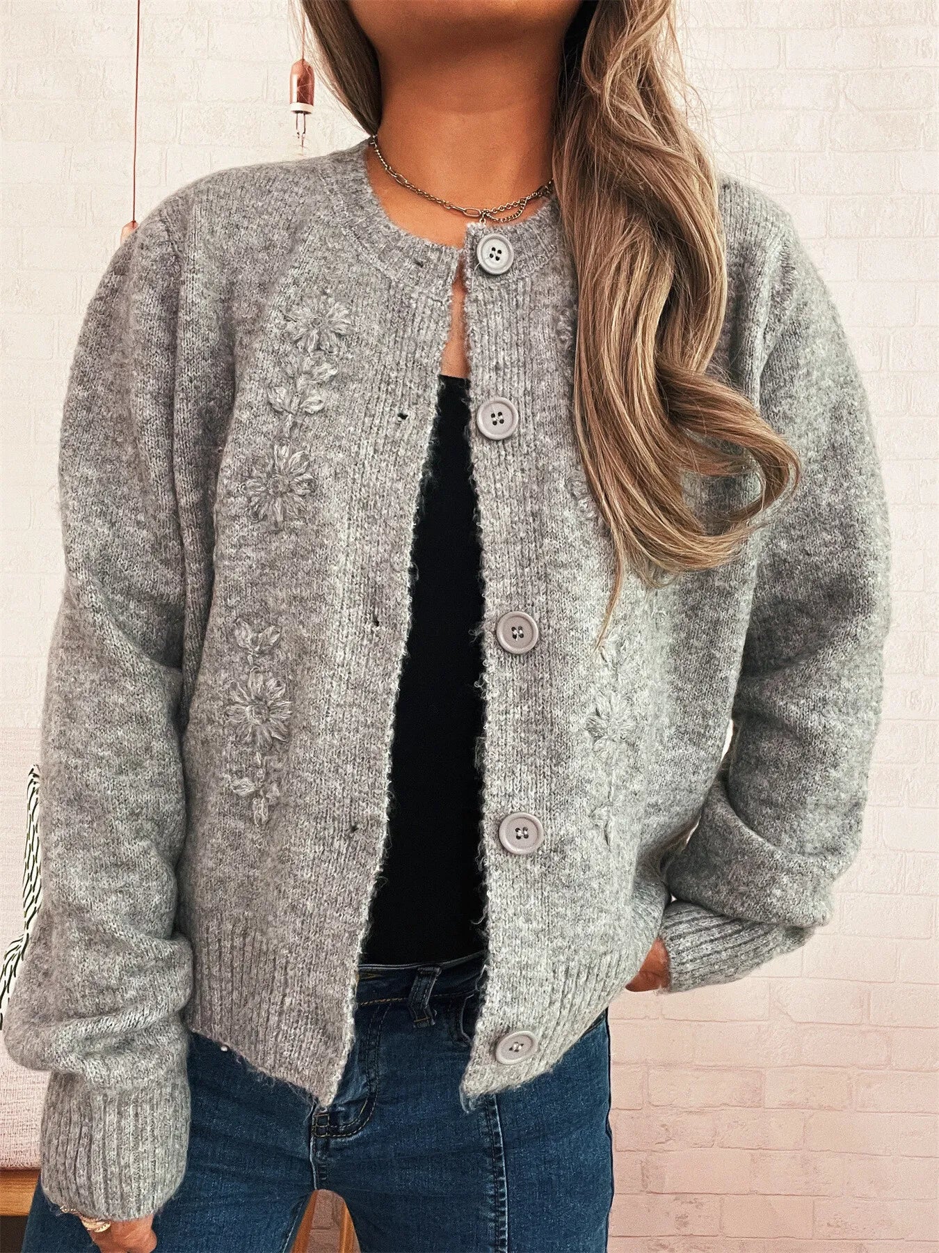 Flower Button Up Ribbed Hem Cardigan