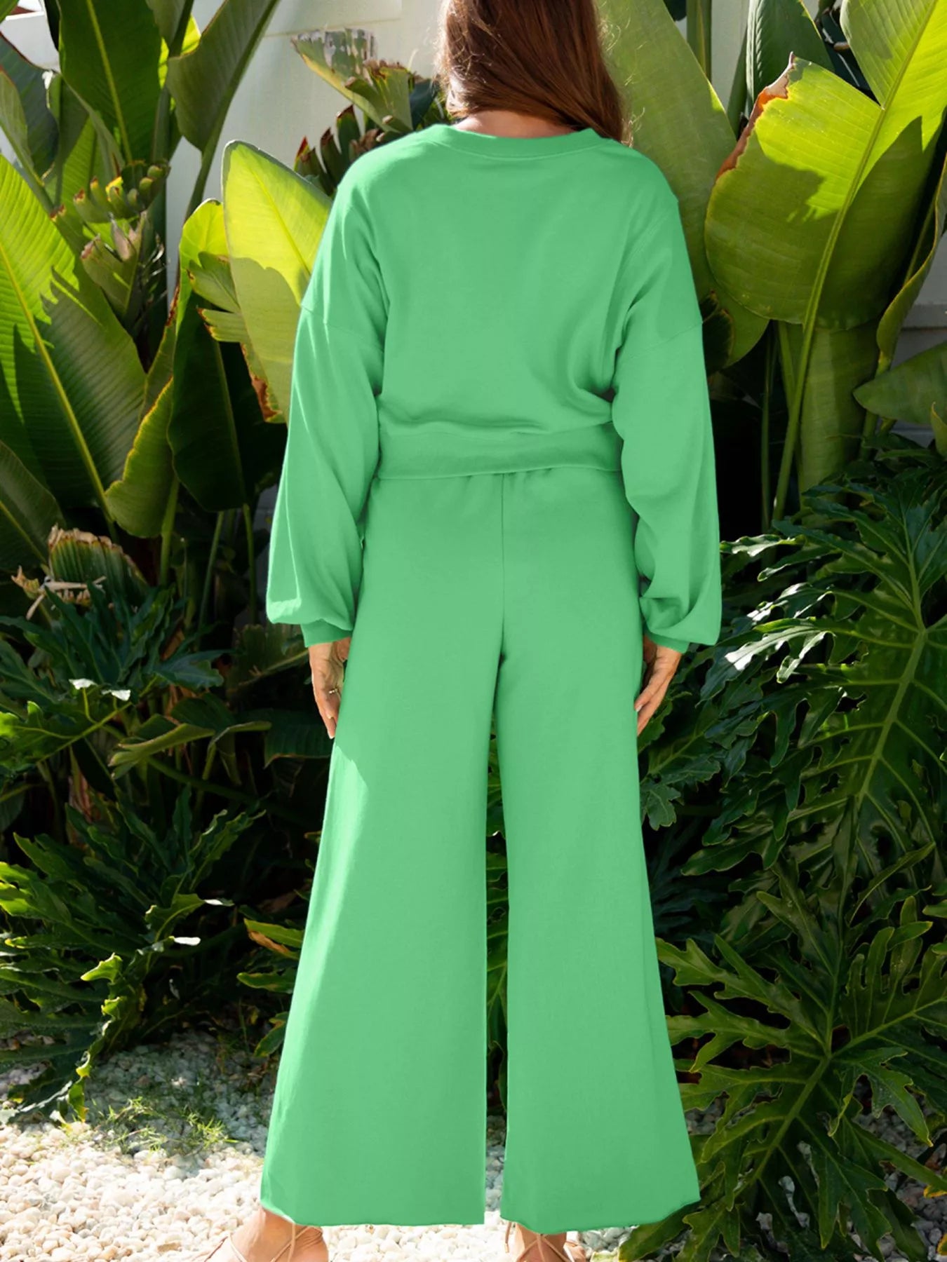 Drop Shoulder Puff Sleeve Crop Top and Drawstring Wide Leg Pants Set Trendsi