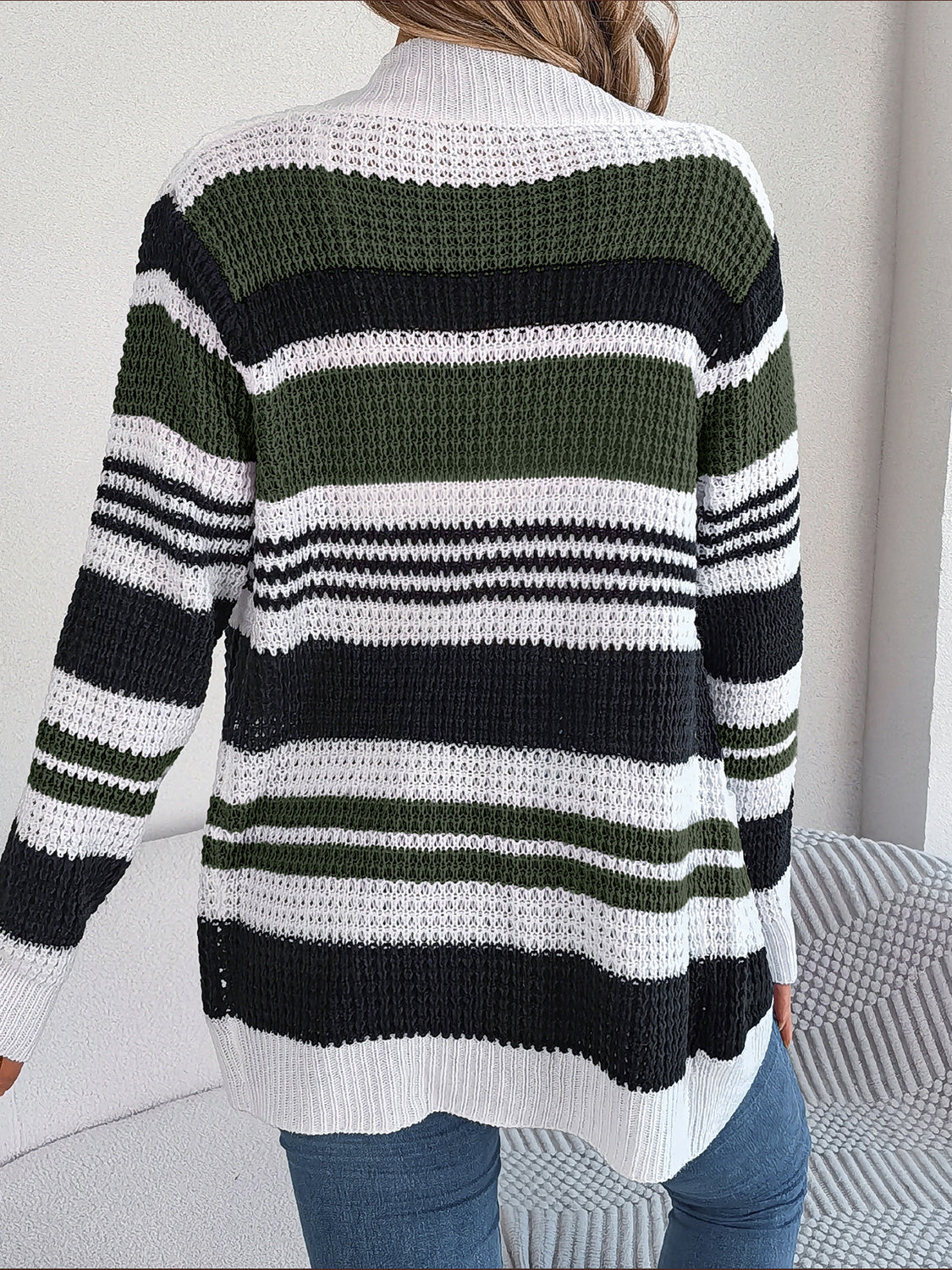 Women Striped Open Front Long Sleeve Cardigan NicholesGifts