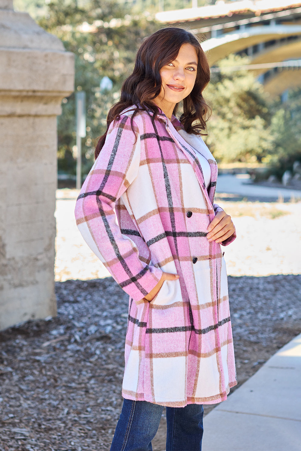 Double Take Full Size Plaid Button Up Lapel Collar Coat nicholesgifts