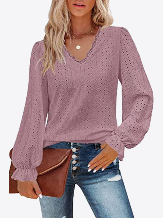 Eyelet V-Neck Flounce Sleeve Blouse