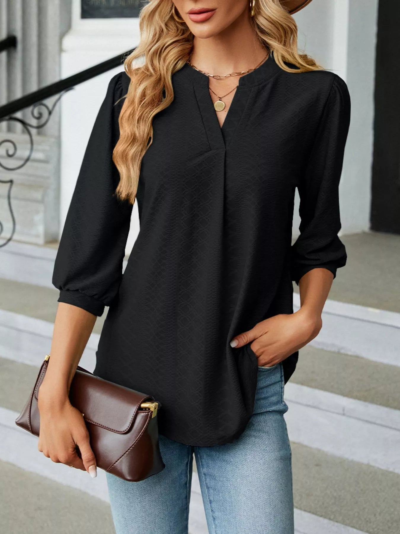 Notched 3/4 Sleeve Casual Top Trendsi