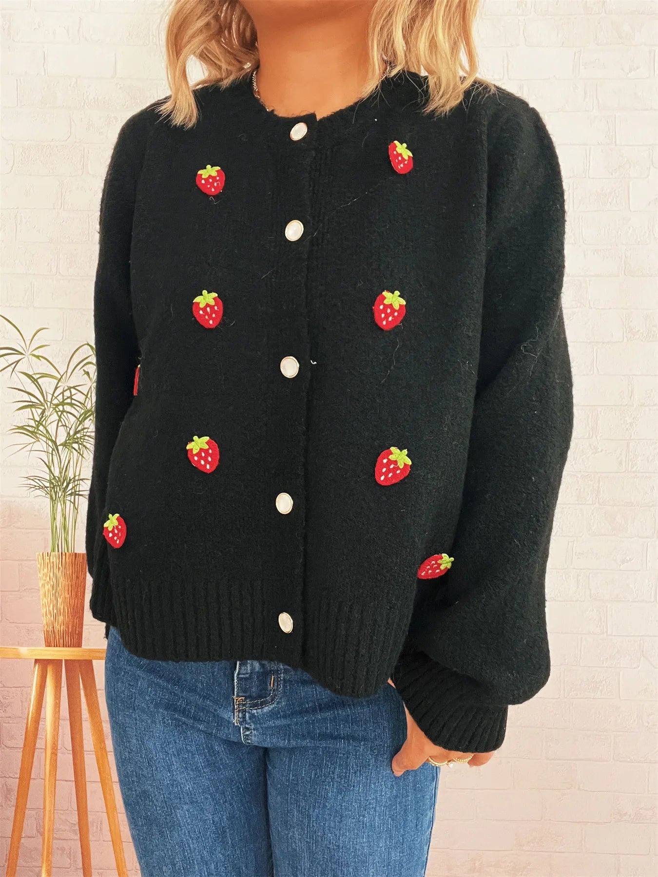 Strawberry Button Up Long Sleeve Cardigan Trendsi