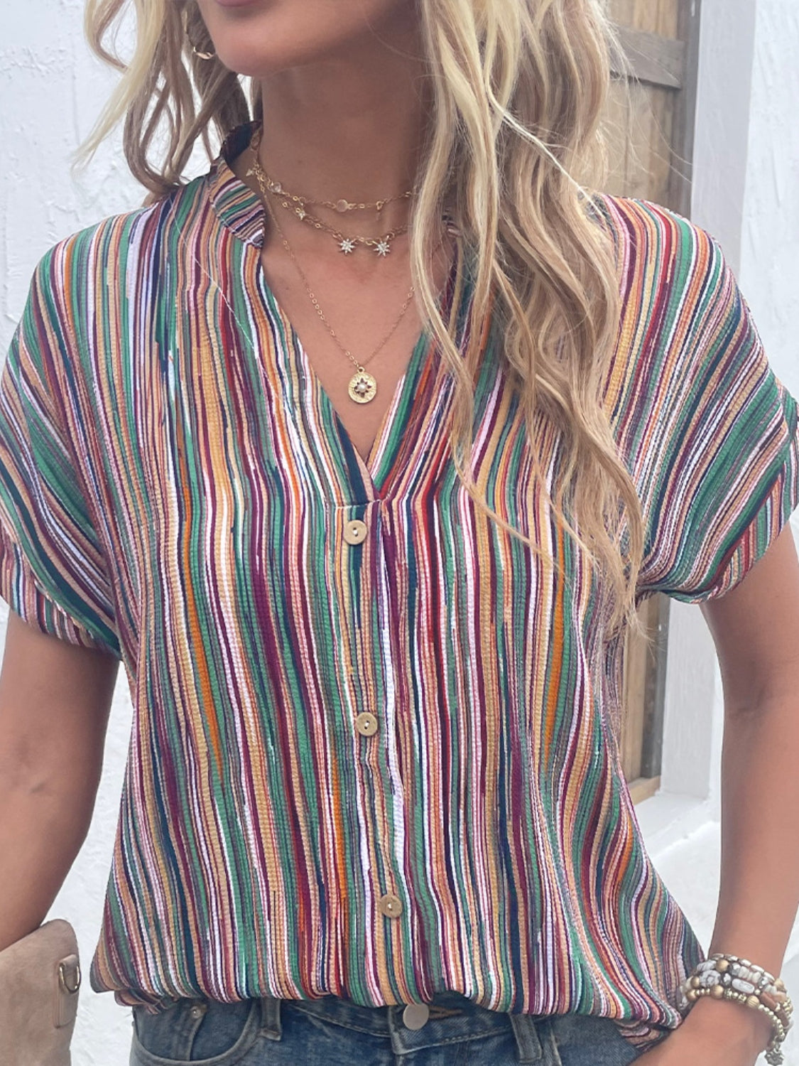 Striped Notched Short Sleeve Blouse nicholesgifts