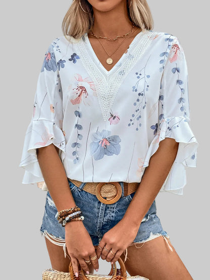 Ruffled Printed V-Neck Half Sleeve Blouse nicholesgifts