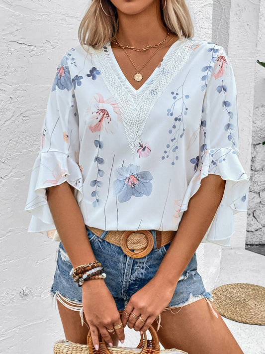 Ruffled Printed V-Neck Half Sleeve Blouse nicholesgifts