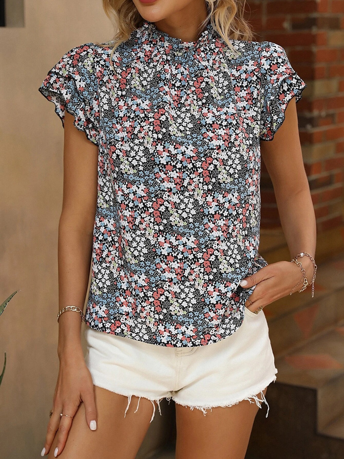 Floral Mock Neck Cap Sleeve Blouse nicholesgifts