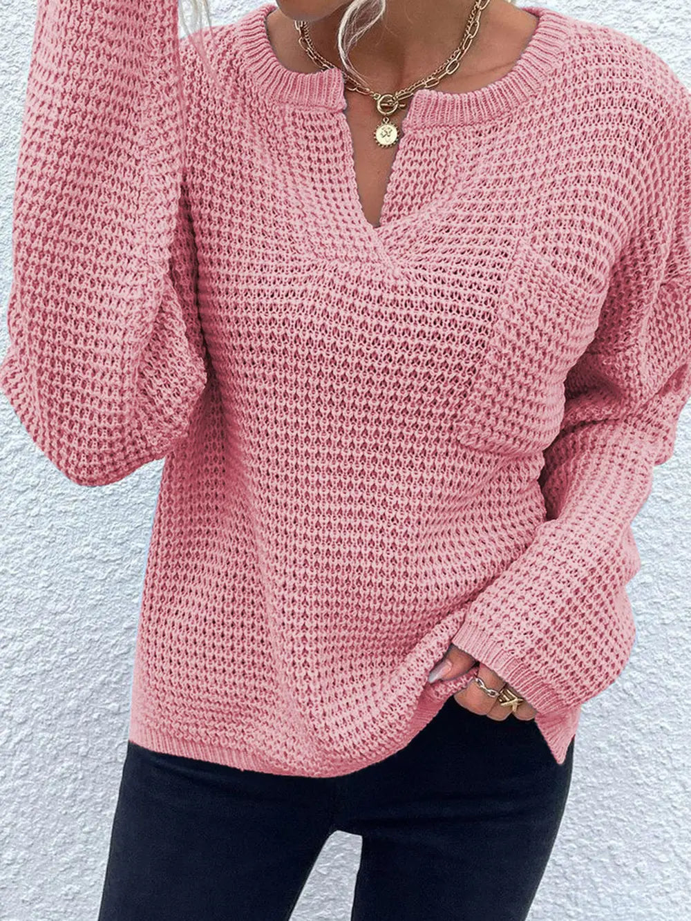 Notched Long Sleeve Sweater nicholesgifts