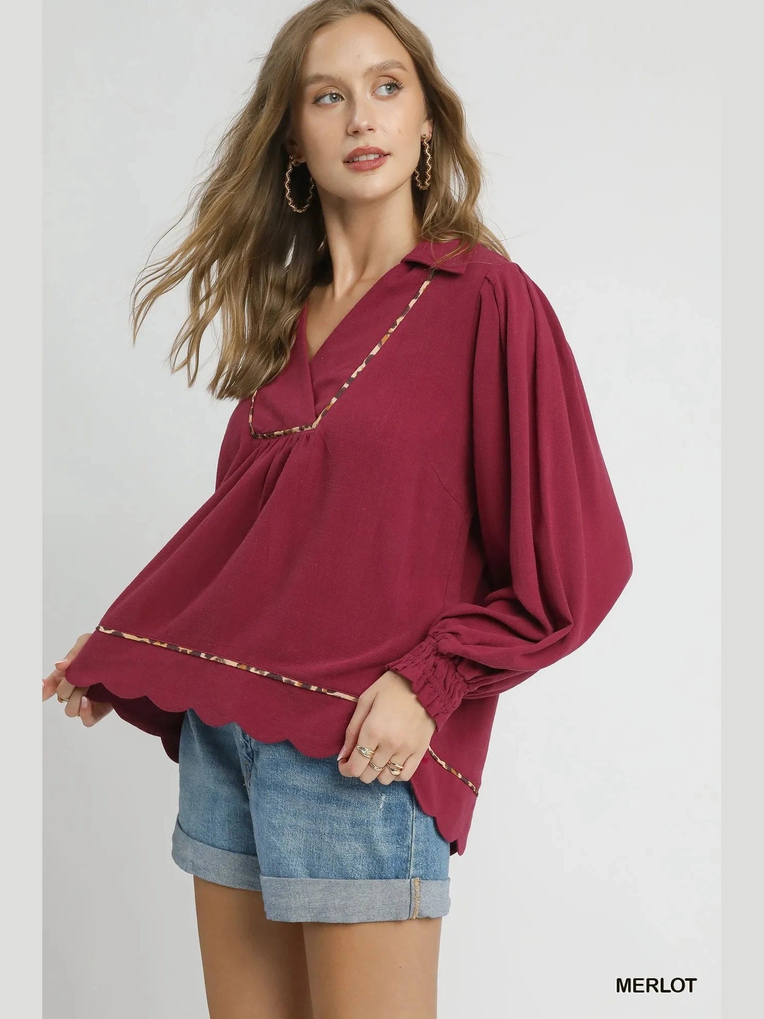 Women Umgee Full Size Linen Scallop Hem Long Sleeve Blouse with Contrast Trim Plus Size NicholesGifts