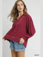 Women Umgee Full Size Linen Scallop Hem Long Sleeve Blouse with Contrast Trim Plus Size NicholesGifts