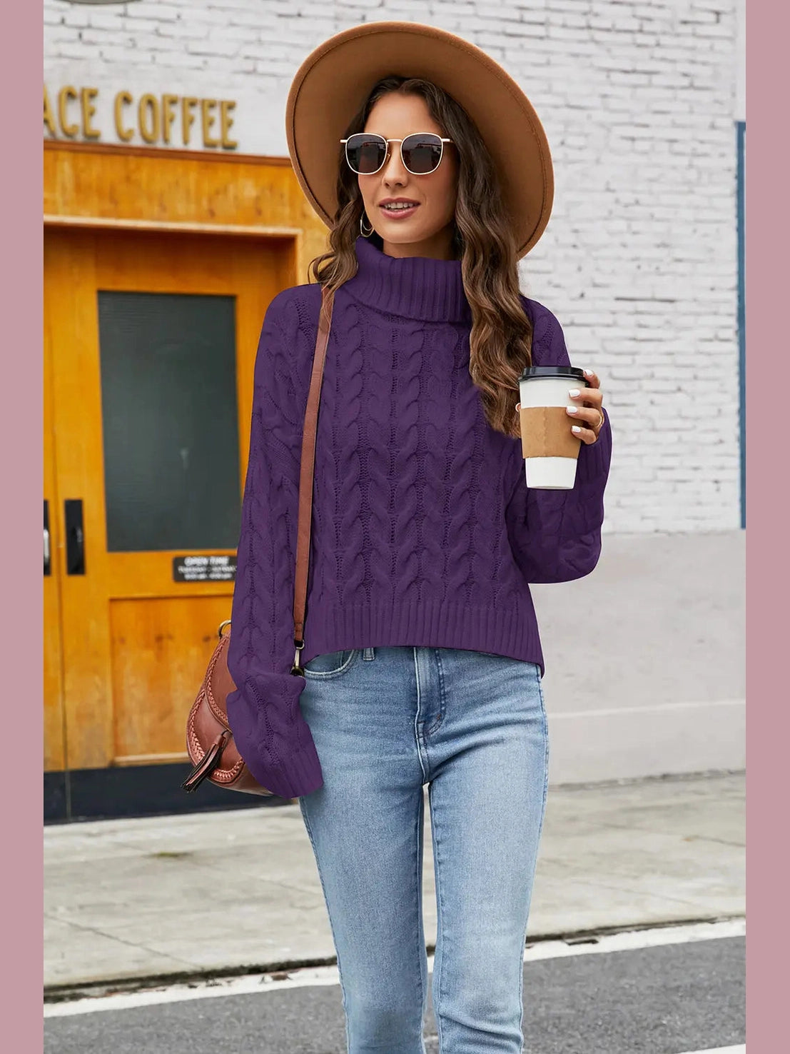 Turtleneck Cable-Knit Long Sleeve Sweater Trendsi