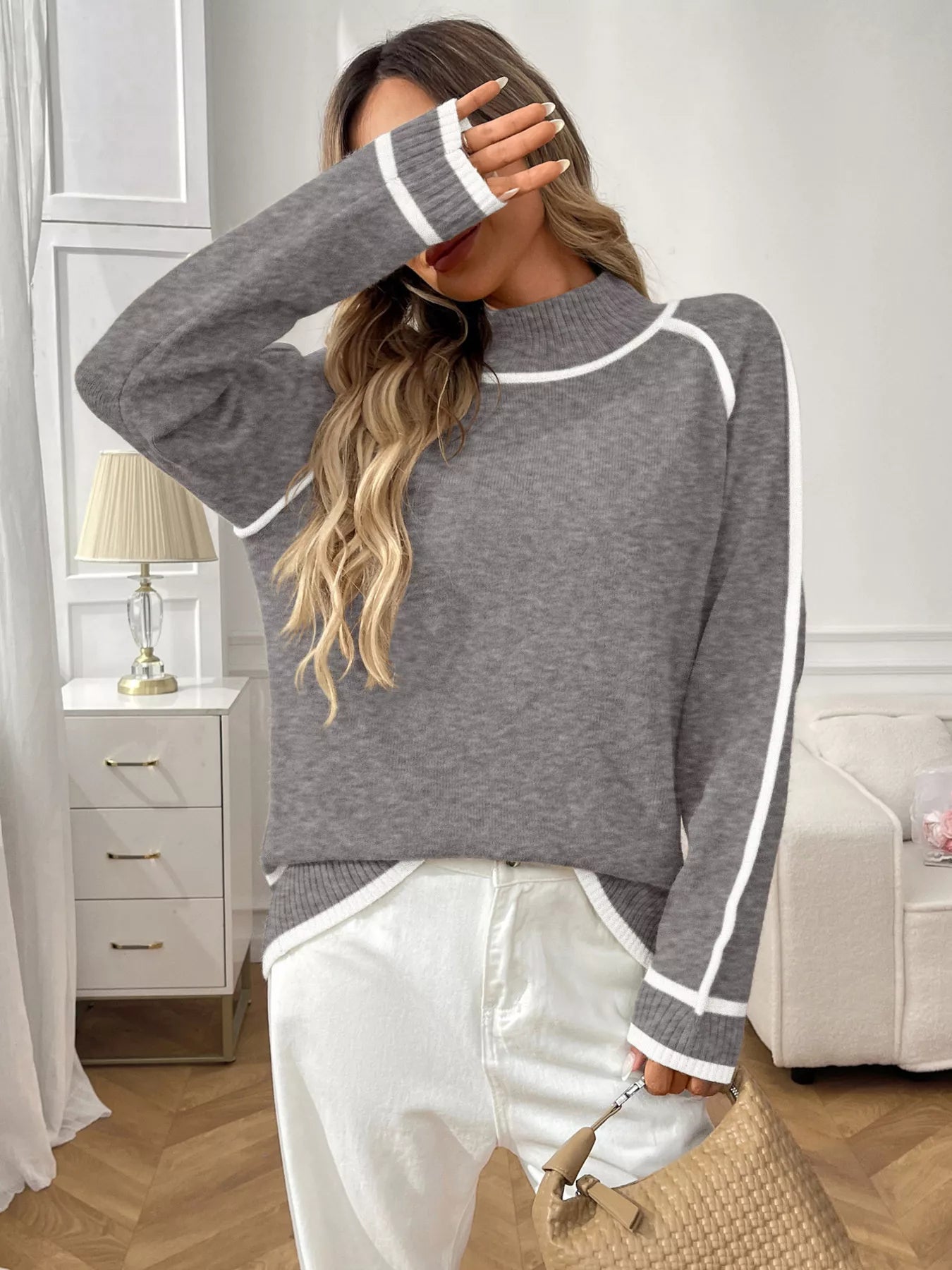 Contrast Trim Turtleneck Long Sleeve Sweater Trendsi