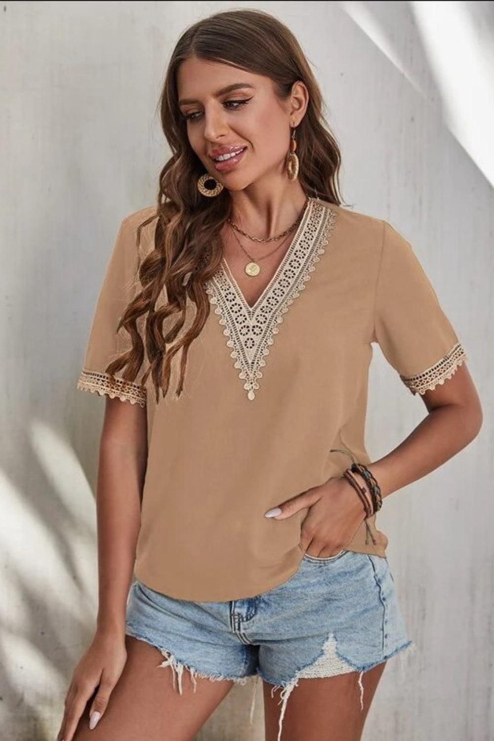 Full Size Lace Detail V-Neck Short Sleeve Blouse nicholesgifts