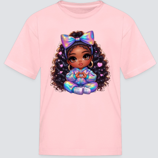 African American Girls Pretty Bow and Hearts Short Sleeve T-Shirt NicholesGifts