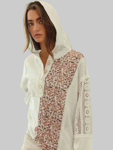 Women BiBi Slub Jersey with Lace Combo Buttoned Hoodie Top NicholesGifts