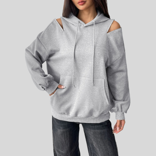 Women Drawstring Zip Detail Cold Shoulder Hoodie NicholesGifts