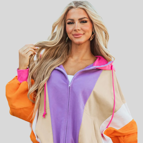 Women Drawstring Color Block Zip Up Long Sleeve Hoodie NicholesGifts