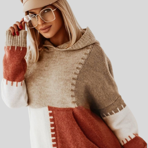 Women Color Block Kangaroo Pocket Hooded Sweater NicholesGifts