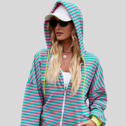 Women Drawstring Striped Zip Up Long Sleeve Hoodie NicholesGifts