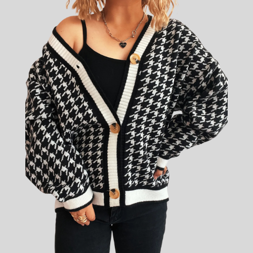Women Houndstooth Pattern V-Neck Button-Up Cardigan NicholesGifts