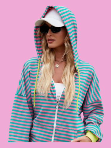 Women Drawstring Striped Zip Up Long Sleeve Hoodie NicholesGifts