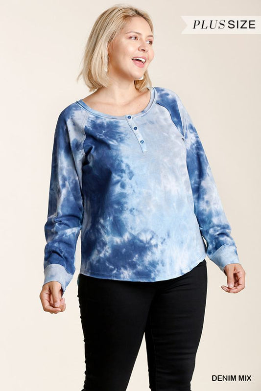 Women Tie-dye Button Front Long Raglan Sleeve Top With Raw Hem NicholesGifts