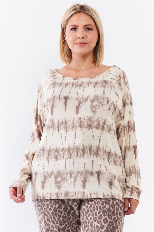 Plus Size Women Ivory Acid Wash Print Bateau Neck Relaxed Fit Long Sleeve Top NicholesGifts