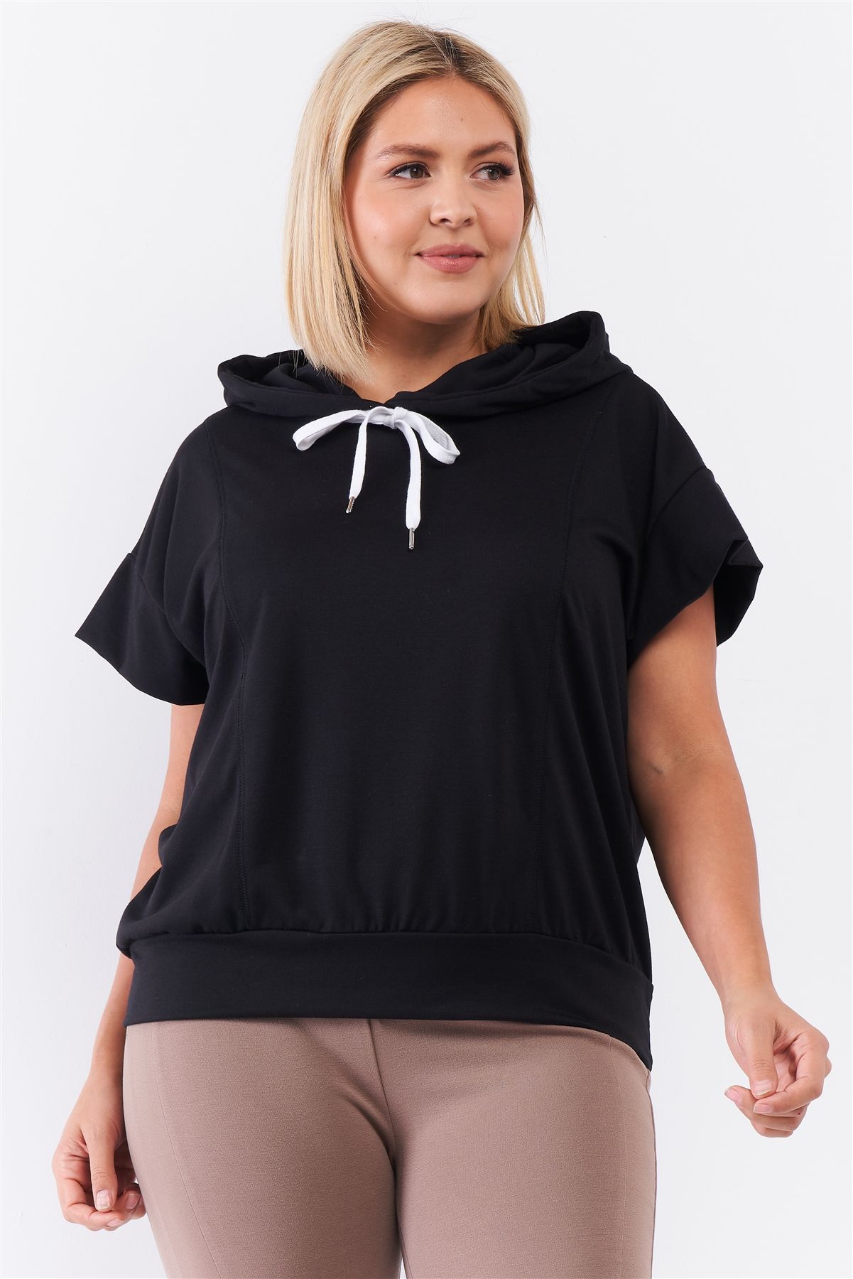 Black Short Wing Sleeve Relaxed Fit White Draw String Tie Hood Detail Top CCWHOLESALECLOTHING