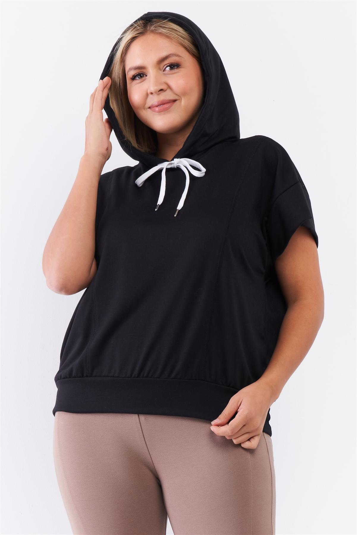 Black Short Wing Sleeve Relaxed Fit White Draw String Tie Hood Detail Top CCWHOLESALECLOTHING