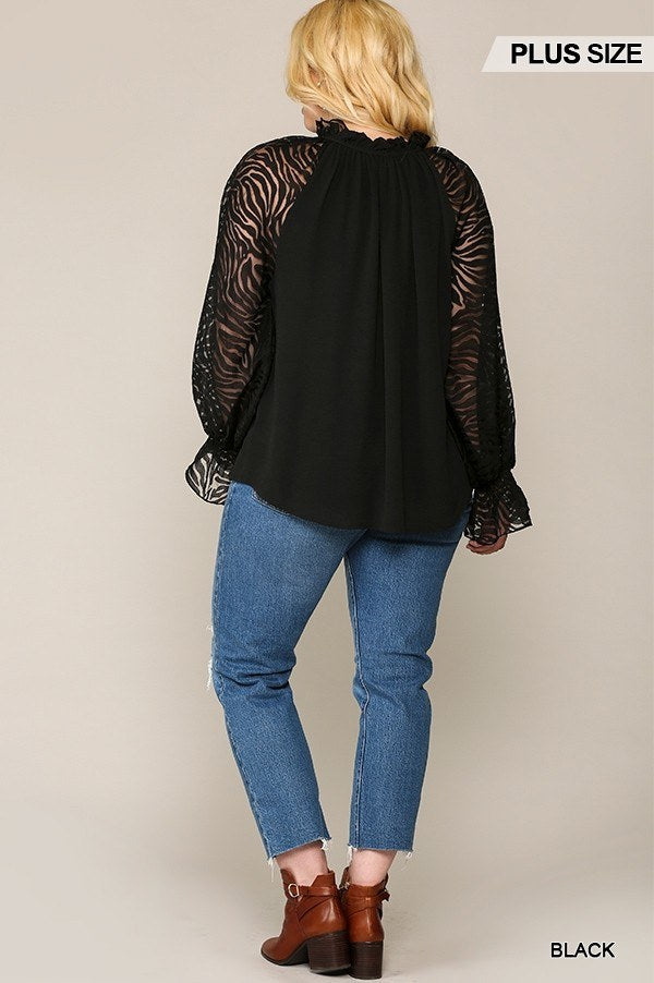 NicholesGifts Plus Size Women Zebra Burnout Sleeve Ruffled Neck Bubble Crepe Blouse NicholesGifts