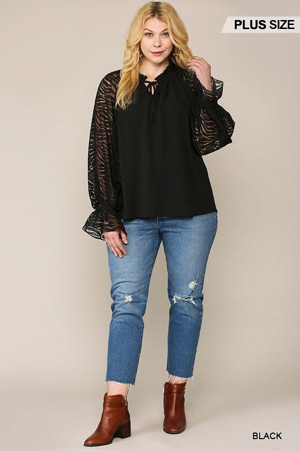NicholesGifts Plus Size Women Zebra Burnout Sleeve Ruffled Neck Bubble Crepe Blouse NicholesGifts