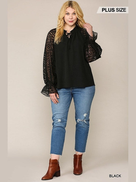Plus Size Women Zebra Burnout Sleeve Ruffled Neck Bubble Crepe Blouse nicholesgifts