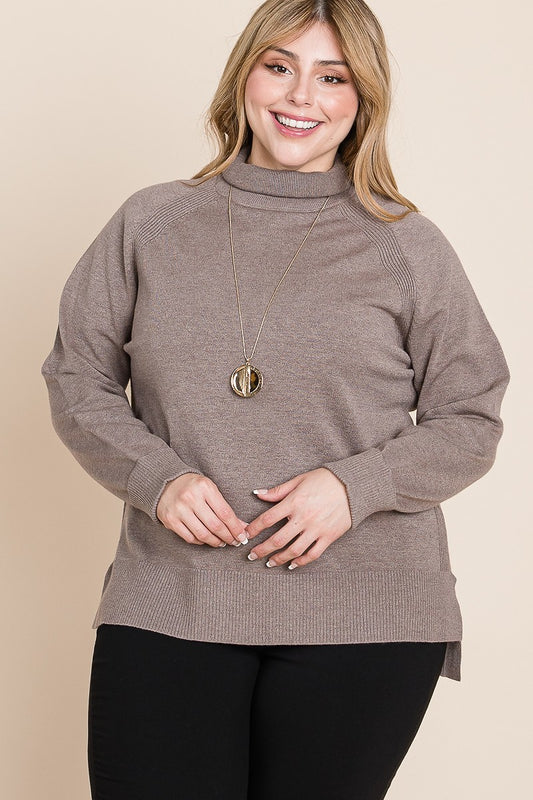 Plus Size High Quality Buttery Soft Solid Knit Turtleneck Two Tone High Low Hem Sweater NicholesGifts