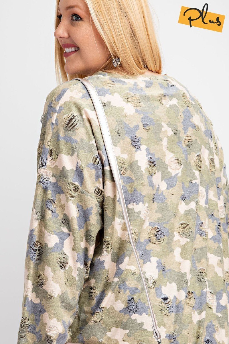 Plus Size Long Sleeve Distressed Printed Rayon Pullover Top NicholesGifts