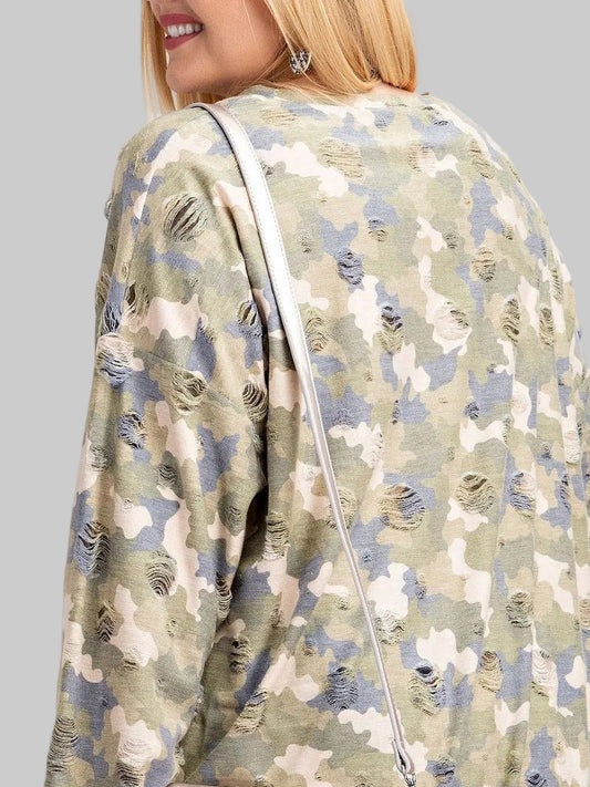 Plus Size Long Sleeve Distressed Printed Rayon Pullover Top nicholesgifts