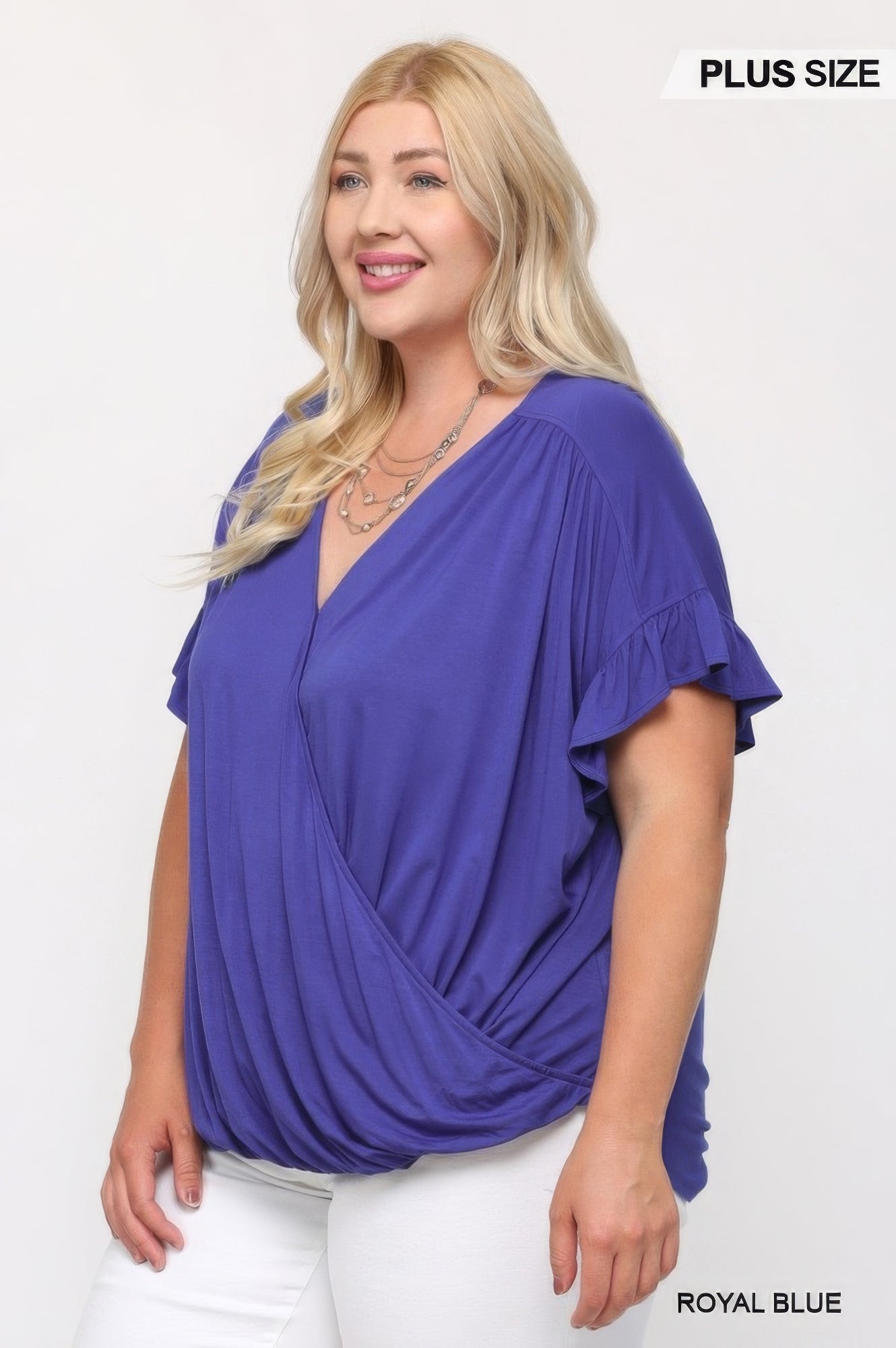 NicholesGifts Plus Size Women Solid Purple Knit Surplice Top With Ruffle Sleeve NicholesGifts