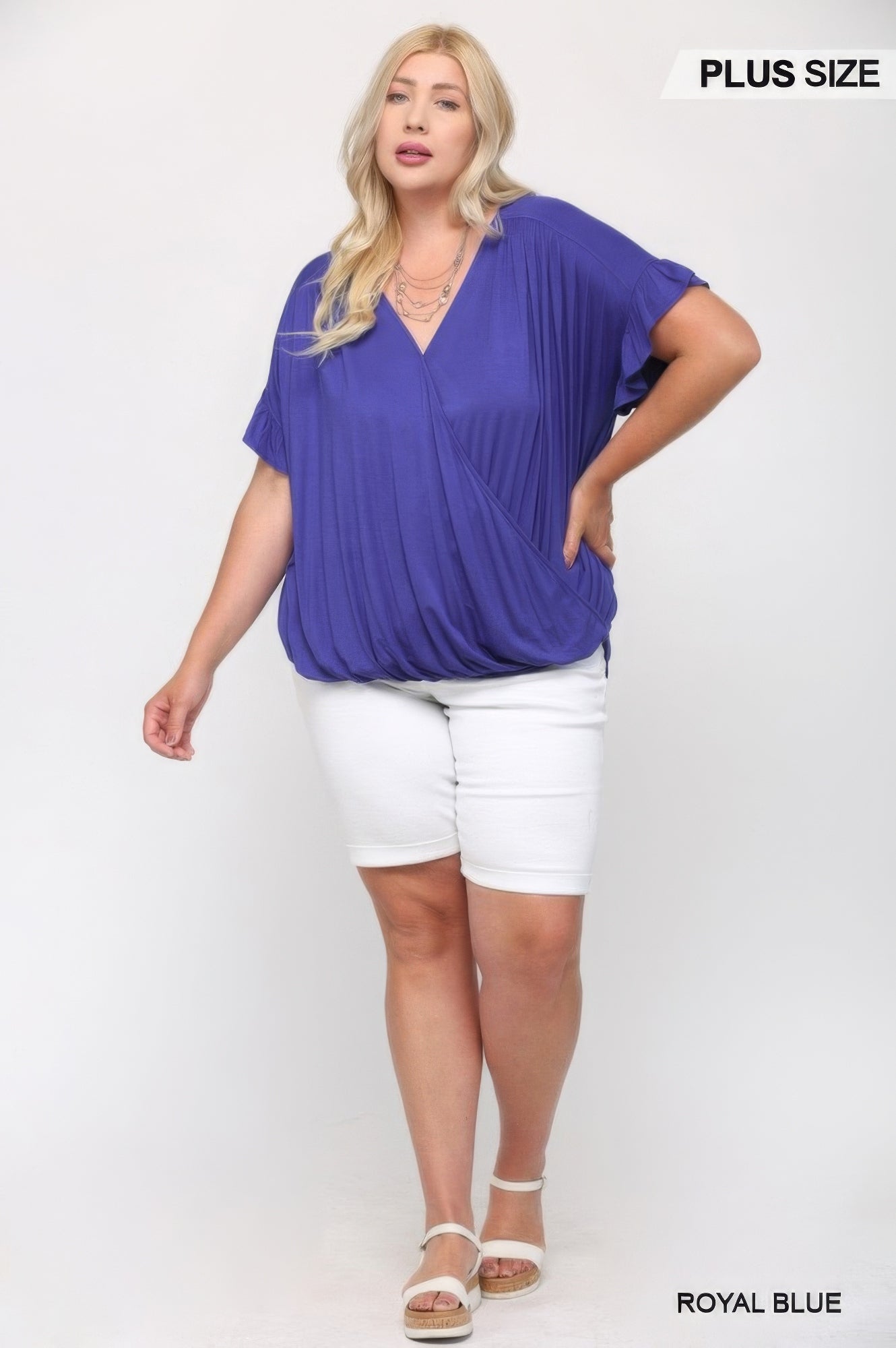 NicholesGifts Plus Size Women Solid Purple Knit Surplice Top With Ruffle Sleeve NicholesGifts