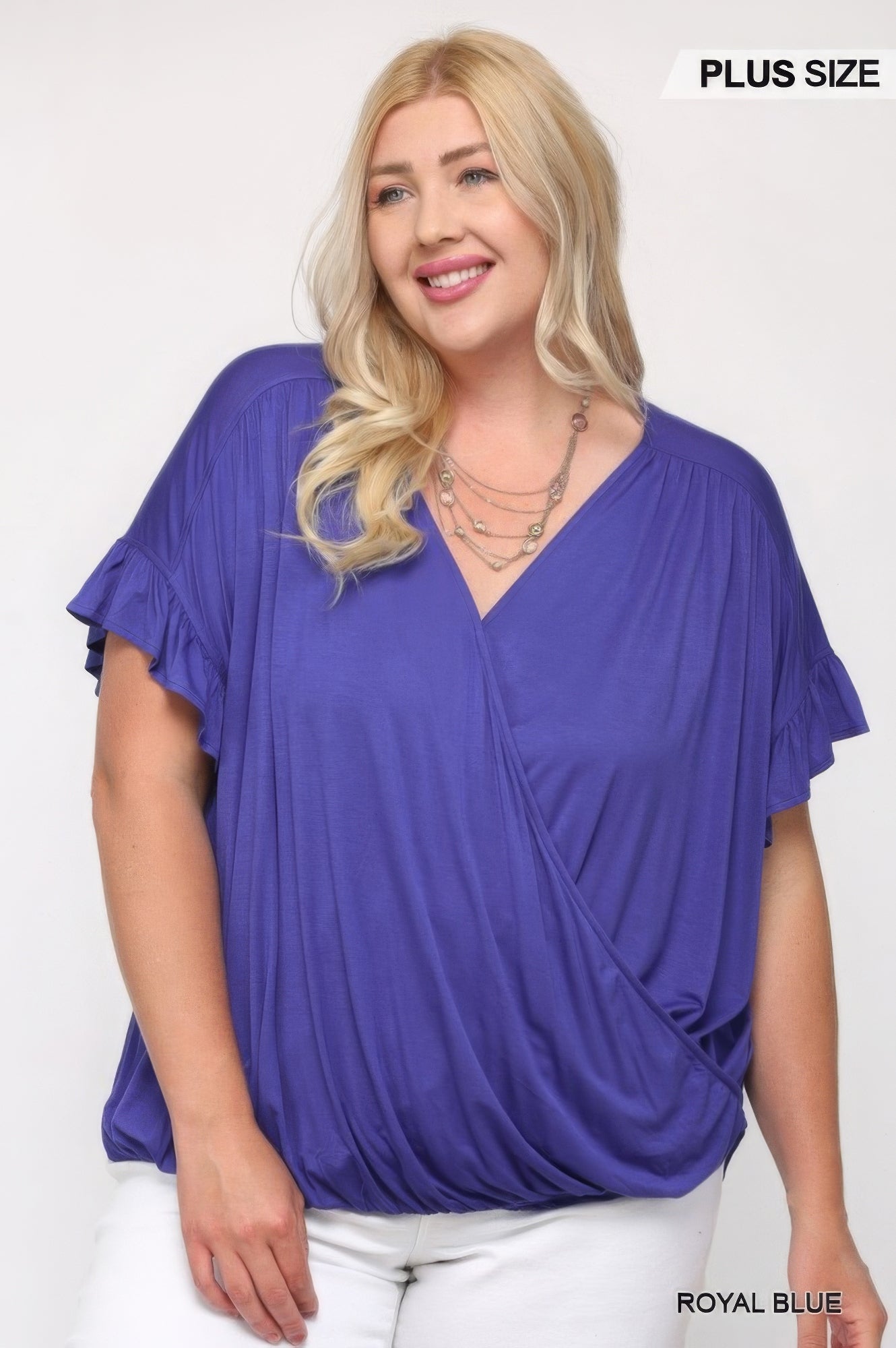 NicholesGifts Plus Size Women Solid Purple Knit Surplice Top With Ruffle Sleeve NicholesGifts