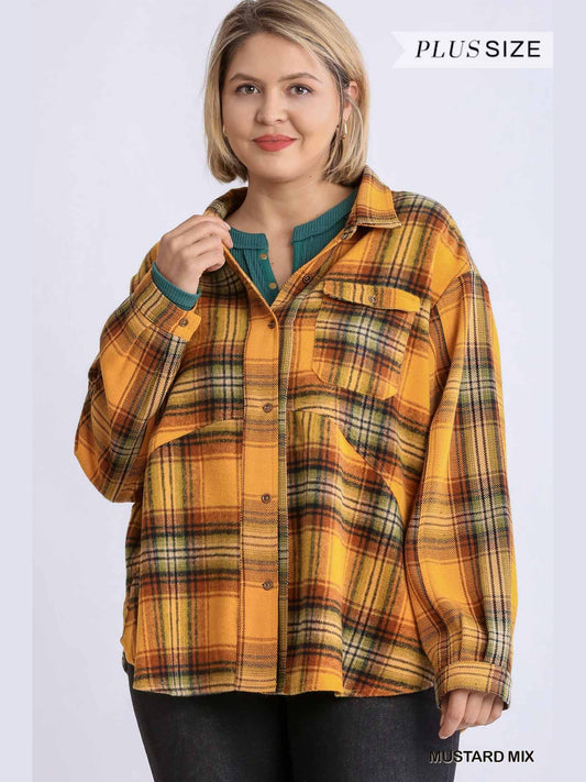 Women Plaid Collar Button Down Overshirt With Front Pockets