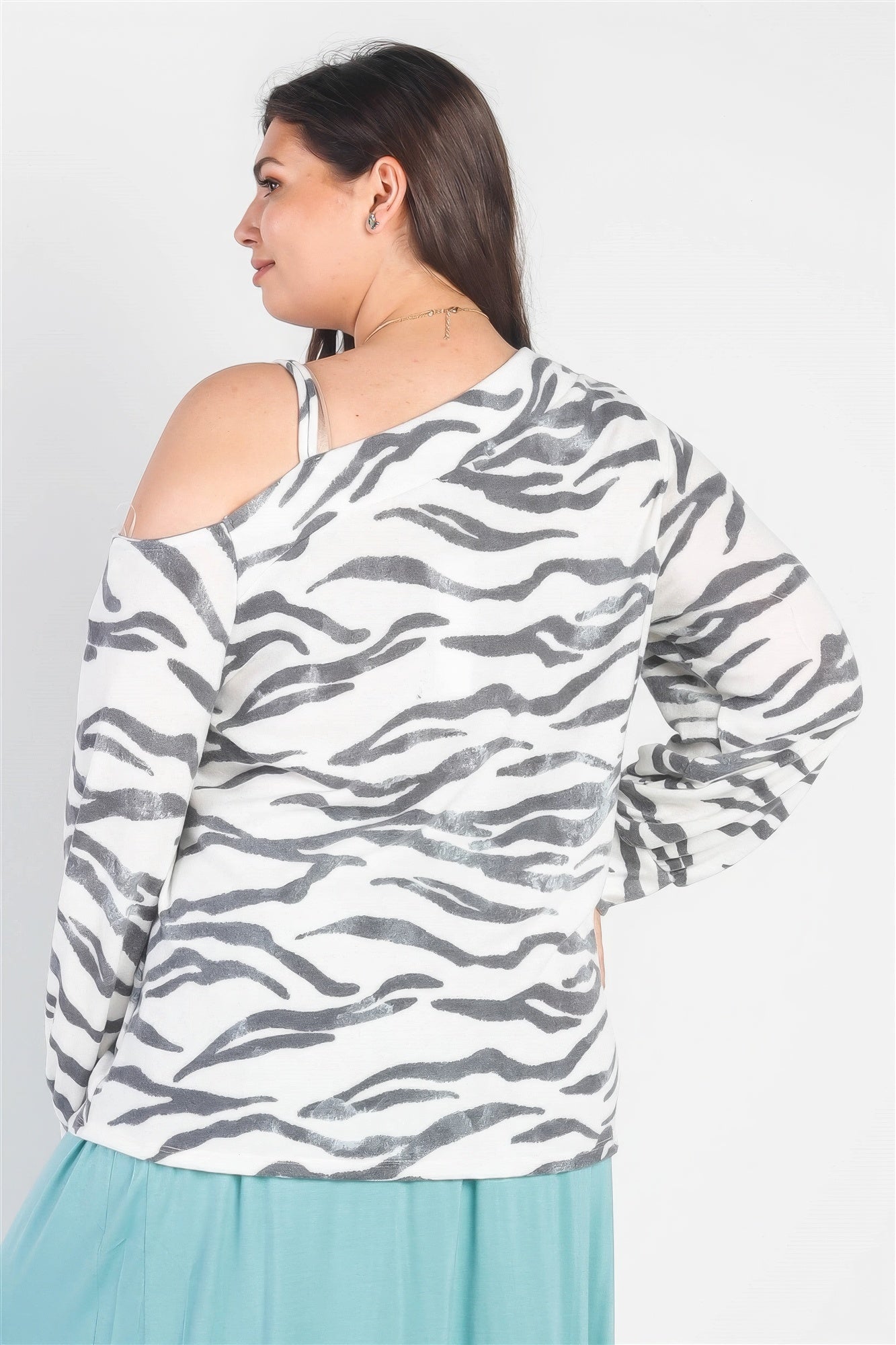 Plus White & Charcoal Zebra Flannel Cold Shoulder Long Sleeve Top CCWHOLESALECLOTHING