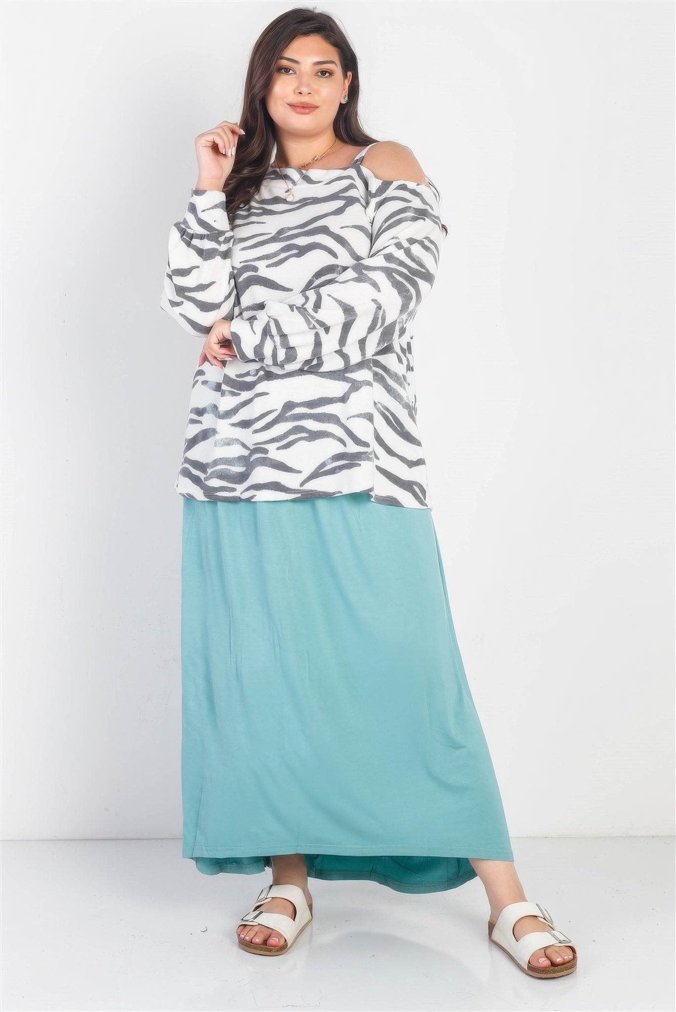 Plus White & Charcoal Zebra Flannel Cold Shoulder Long Sleeve Top CCWHOLESALECLOTHING