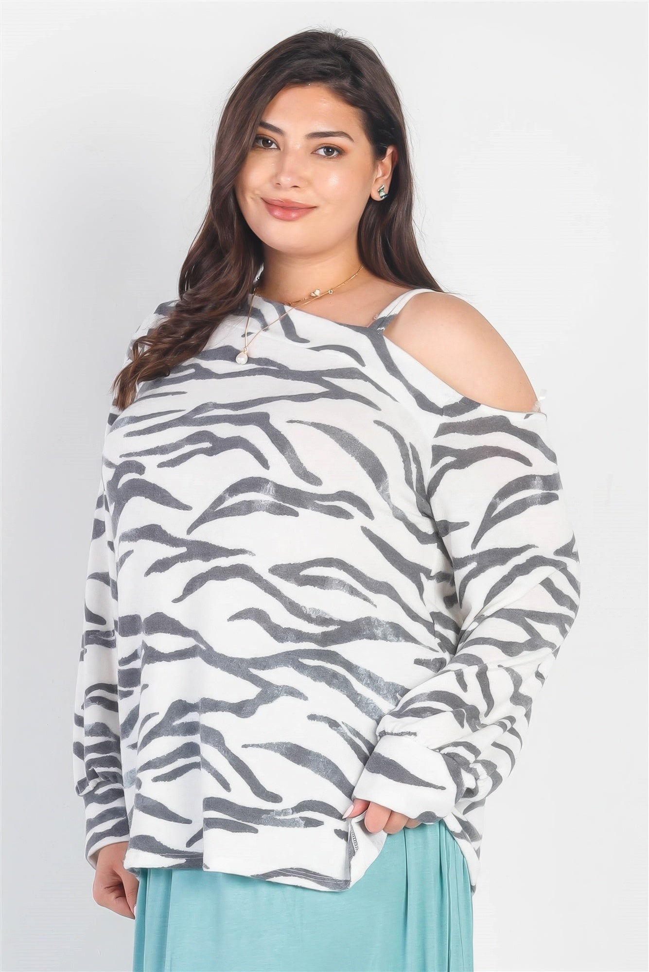Plus White & Charcoal Zebra Flannel Cold Shoulder Long Sleeve Top CCWHOLESALECLOTHING