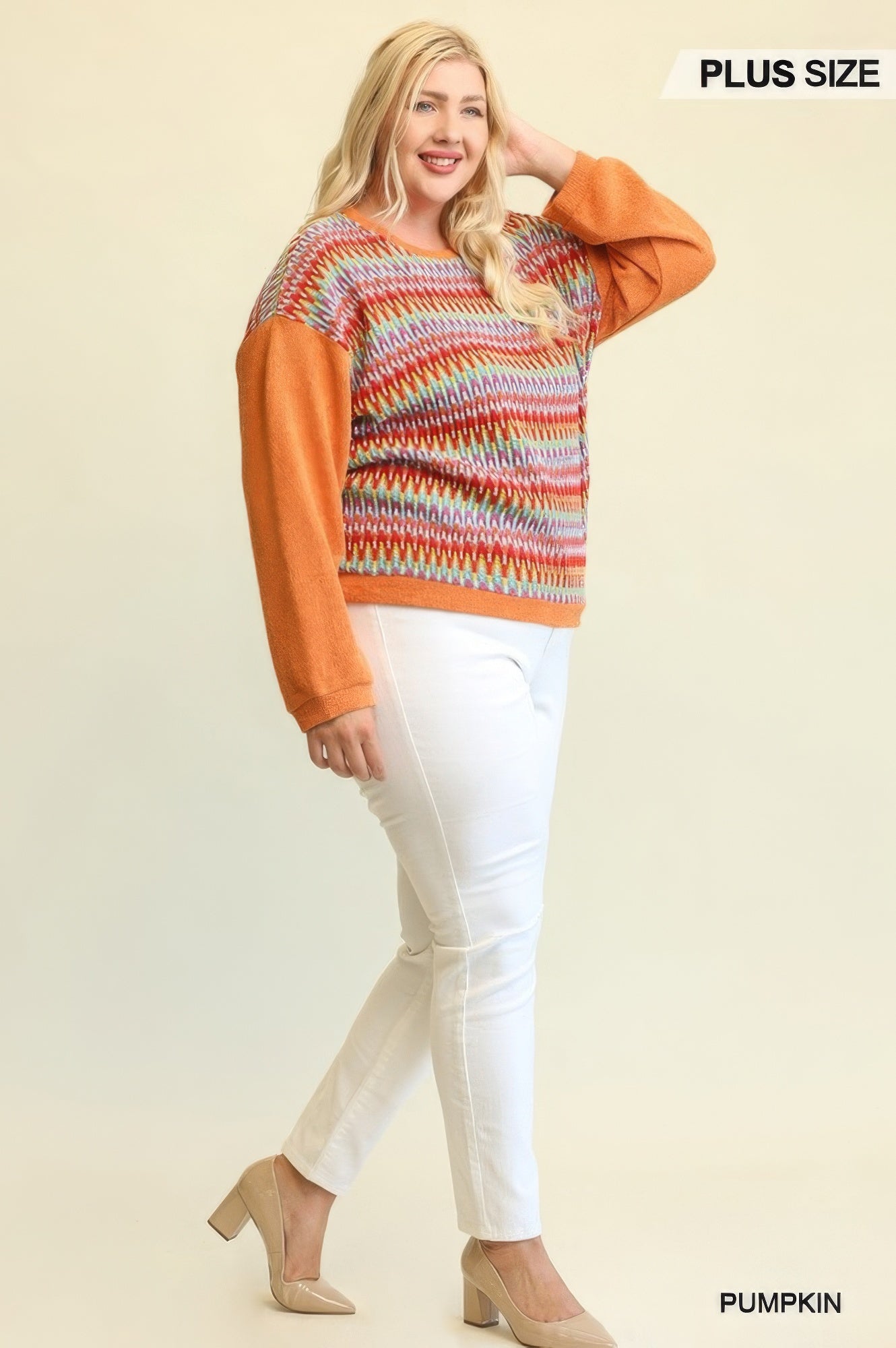 Plus Size Women Novelty Knit And Solid Knit Mixed Loose Top With Drop Down Shoulder NicholesGifts